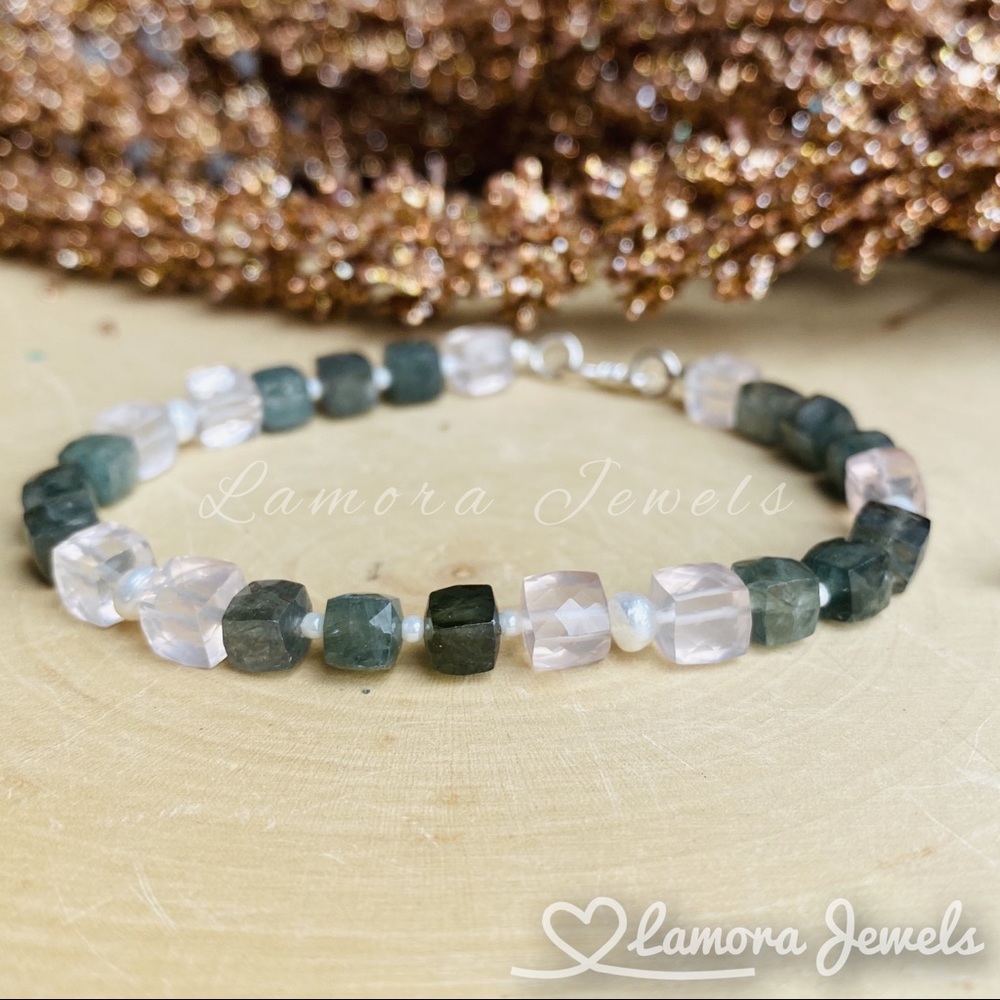 Moss Aquamarine and Rose Quartz Sterling Bracelet